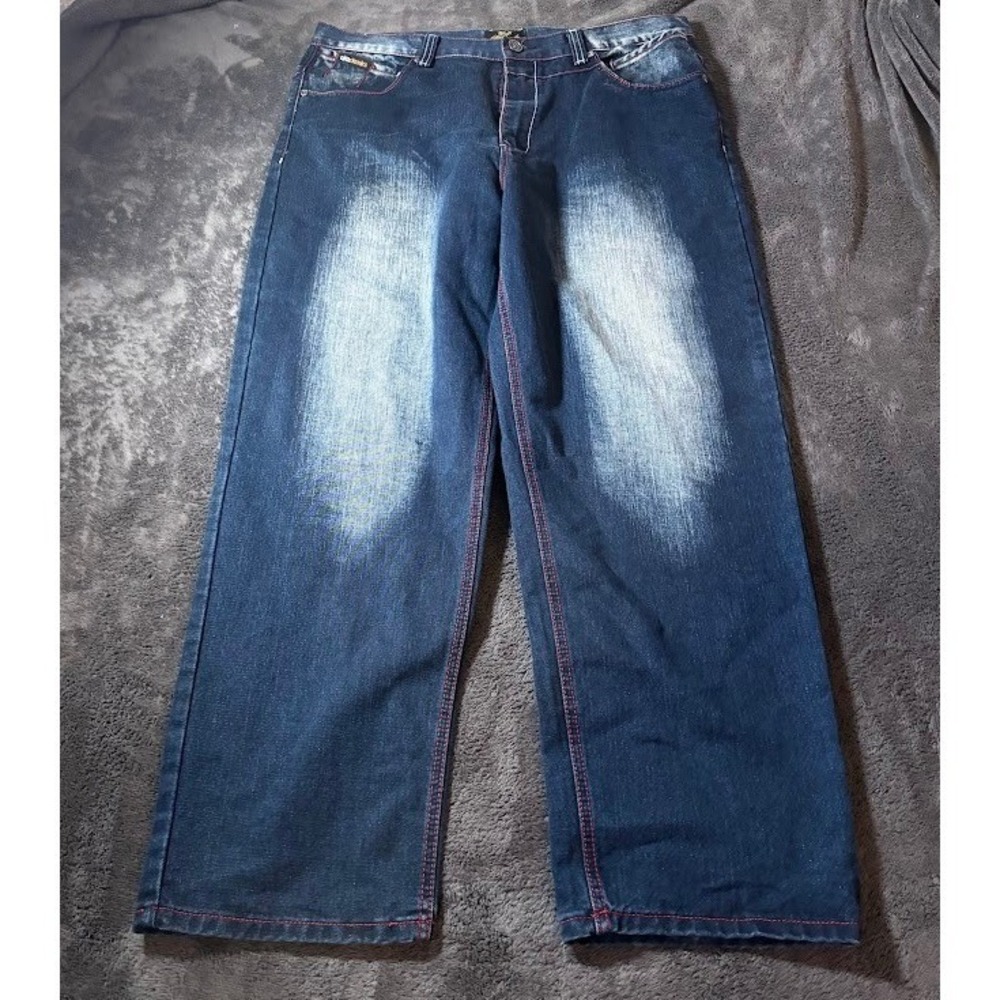 Vintage Akademiks Baggy Wide Leg Jeans Dark Wash Red Contrast Stitch Y2K 40X31.